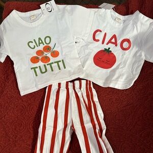 White and Red Graphic T-Shirt and Striped Pants Set